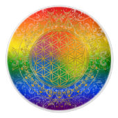 Blume des Lebens - Ornament Regenbogen + Ihre Idee Keramikknauf (Vorderseite)