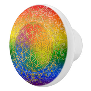 Blume des Lebens - Ornament Regenbogen + Ihre Idee Keramikknauf