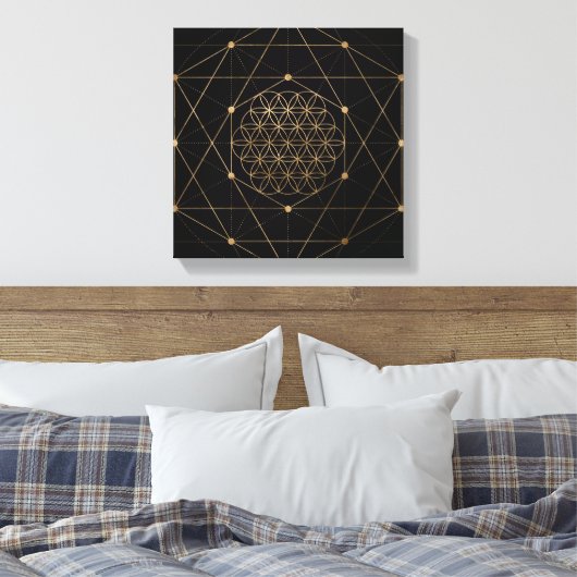 Blume des Lebens - Schwarz und Gold Leinwanddruck (Insitu (Schlafzimmer))