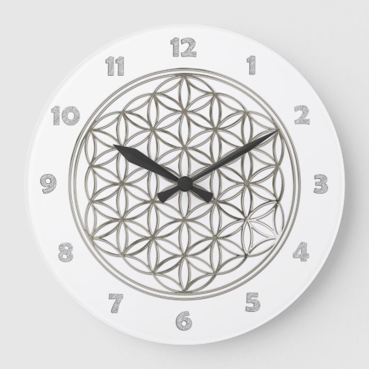 BLUME DES LEBENS - Silber + Ziffernblattzahlen Große Wanduhr (Vorderseite)
