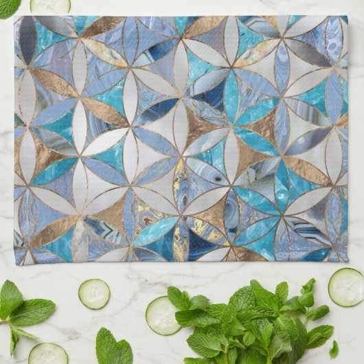 Blume des Lebensmusters - Blaue Marmor und Perle Geschirrtuch (Gefaltet)