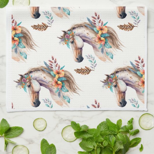 Blume des Pferdes boho floral Geschirrtuch (Gefaltet)