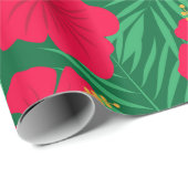 Blume des Roten Hibiskus über tropische Blätter Geschenkpapier (Rolleneckpunkt)