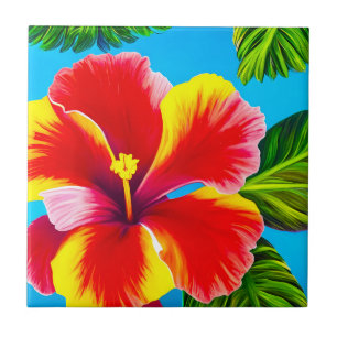 Blume des roten und gelben hawaiianischen Hibiskus Fliese