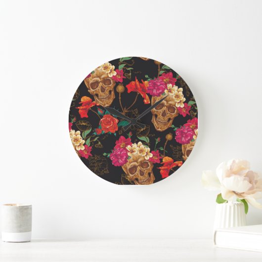 Blume des Schädels: Nahtloser dunkler Hintergrund. Große Wanduhr (Zuhause)