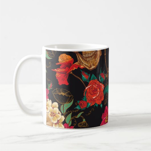 Blume des Schädels: Nahtloser dunkler Hintergrund. Kaffeetasse (Links)
