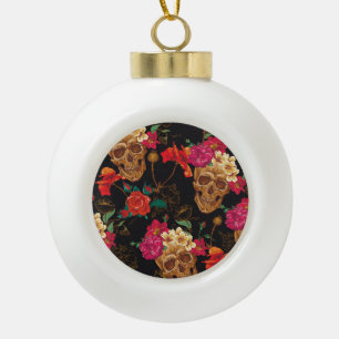 Blume des Schädels: Nahtloser dunkler Hintergrund. Keramik Kugel-Ornament