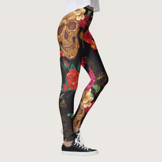 Blume des Schädels: Nahtloser dunkler Hintergrund. Leggings (Rechts)