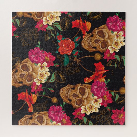 Blume des Schädels: Nahtloser dunkler Hintergrund. Puzzle (Horizontal)