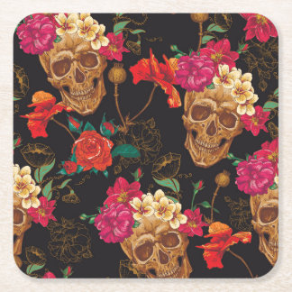 Blume des Schädels: Nahtloser dunkler Hintergrund. Rechteckiger Pappuntersetzer