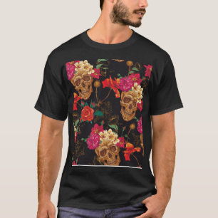 Blume des Schädels: Nahtloser dunkler Hintergrund. T-Shirt