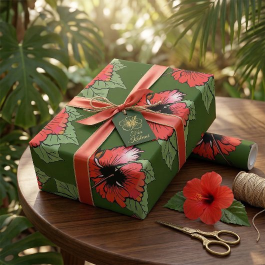 Blume des tropischen Roten Hibiskus mit grünen Blä Geschenkpapier