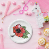 Blume des tropischen Roten Hibiskus mit grünen Blä Pappteller (Party)