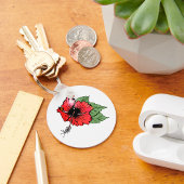 Blume des tropischen Roten Hibiskus mit grünen Blä Schlüsselanhänger