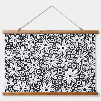 Blume Design - Weiß auf Schwarz Wandteppich Mit Holzrahmen