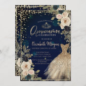 Blume, Diamanten, Dress Blue Quinceañera Einladung (Vorne/Hinten)