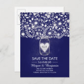 Blume, die Save the Date Jar Royal blau Ankündigungspostkarte (Vorne/Hinten)