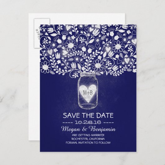 Blume, die Save the Date Jar Royal blau Ankündigungspostkarte (Vorne/Hinten)