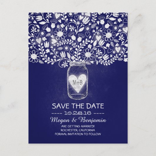 Blume, die Save the Date Jar Royal blau Ankündigungspostkarte (Vorderseite)