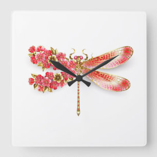 Blume Dragonfly mit Schmucksakura Quadratische Wanduhr