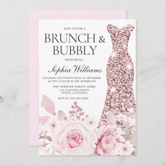 Blume & Dress Brautparty Brunch & Bubbly Einladung (Vorne/Hinten)