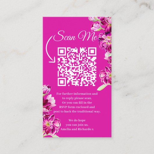 Blume dunkelrosa QR-Code für Hochzeit scannen mich Begleitkarte (Vorderseite)