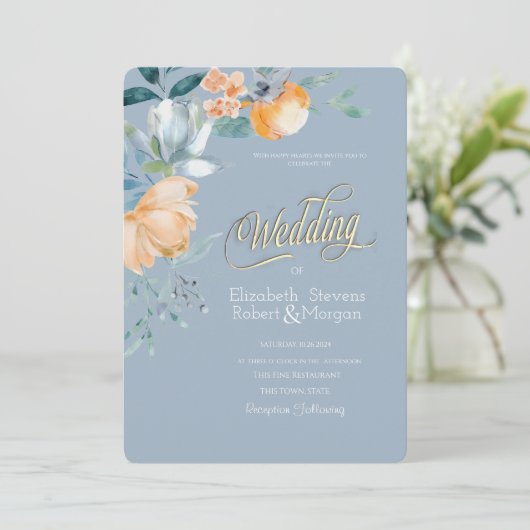 Blume Dusty Blue Wedding Einladung (Stehend Vorderseite)