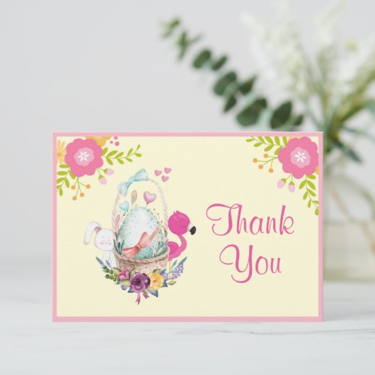 Blume, Ei, Flamingo & Bunny Watercolor Dank Einladung (Stehend Vorderseite)