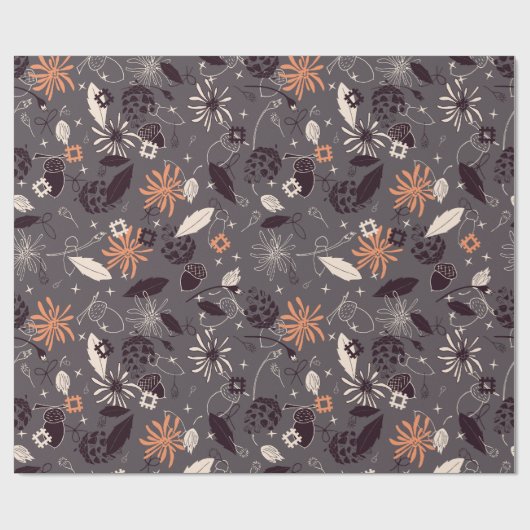 Blume, Eichhörnchen, Kiefernzapfen, graue Sterne Geschenkpapier (Flach)