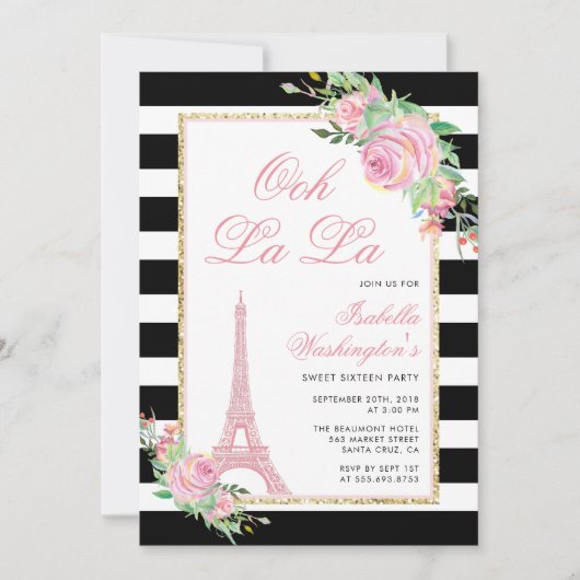 Blume & Eiffelturm Geburtstagsparty Einladung (Vorderseite)