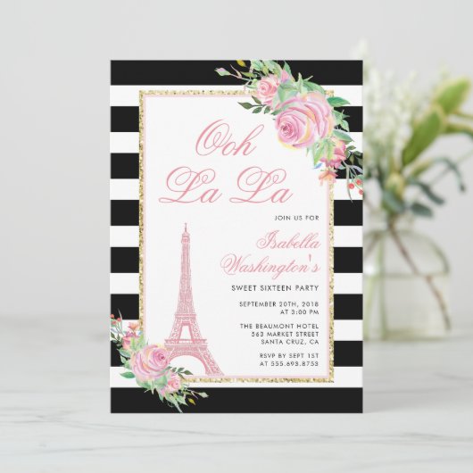 Blume & Eiffelturm Geburtstagsparty Einladung (Stehend Vorderseite)