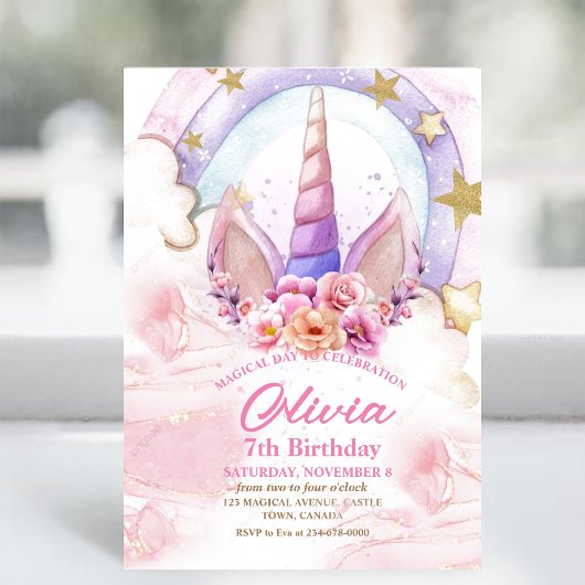 Blume Einhorn und Regenbogen Wasserfarbe Geburtsta Einladung