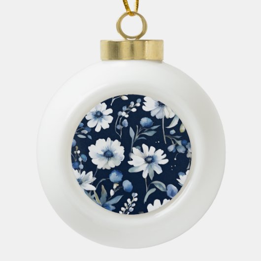 Blume Elegant Wasserfarbe Blau Keramik Kugel-Ornament (Vorderseite)
