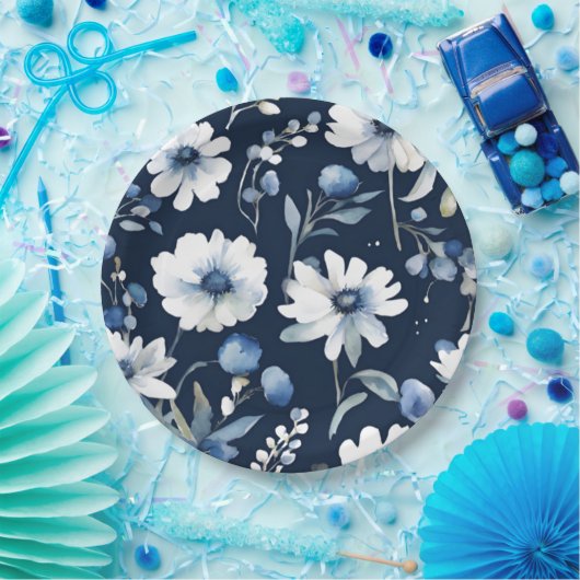 Blume Elegant Wasserfarbe Blau Pappteller (Party)