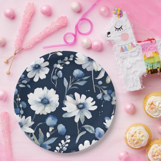 Blume Elegant Wasserfarbe Blau Pappteller (Party)