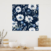 Blume Elegant Wasserfarbe Blau Poster (Küche)