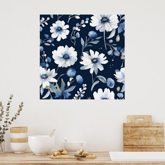 Blume Elegant Wasserfarbe Blau Poster (Küche)