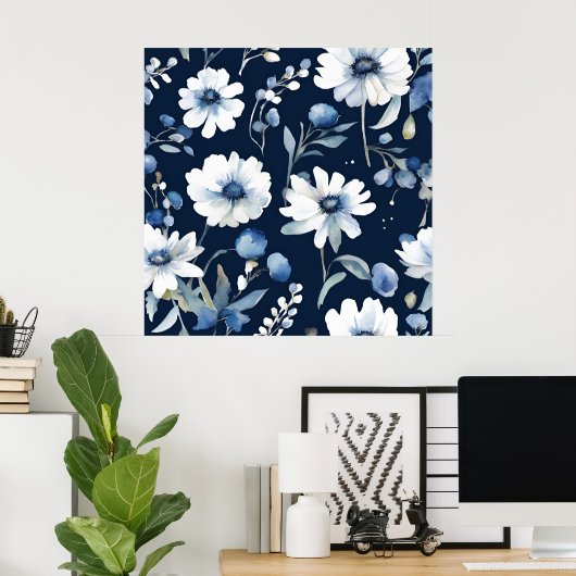 Blume Elegant Wasserfarbe Blau Poster (Heimbüro)