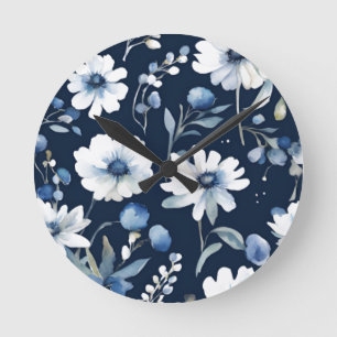 Blume Elegant Wasserfarbe Blau Runde Wanduhr