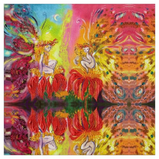 BLUME FAIRIEN DER DAWN Red Yellow Fantasy Stoff (Muster)