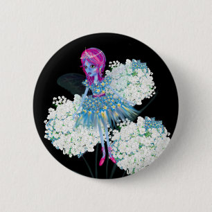 Blume Fairy Art von LeahG Blau Rosa Schwarz-weiß Button
