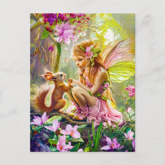 Blume Fairy und spielerisches Eichhörnchen Postkarte (Vorderseite)