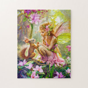 Blume Fairy und spielerisches Eichhörnchen Puzzle