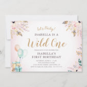 Blume & Feathers Wild One Girl's 1. Geburtstag Einladung (Vorderseite)