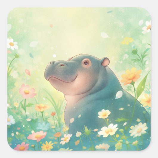 Blume Fields und Happy Hippo Quadratischer Aufkleber (Vorderseite)