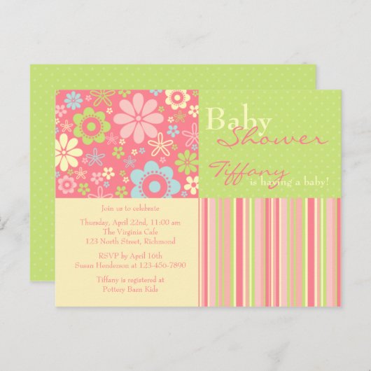 Blume Fizz Pink & Green ・ Kinderdusche Einladung (Vorne/Hinten)