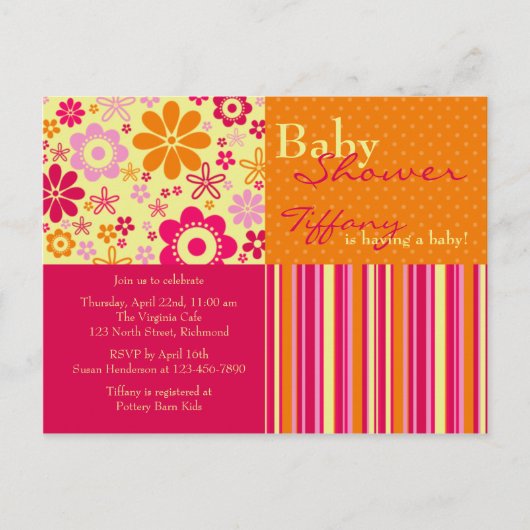 Blume Fizz Pink & Orange ・ Kinderdusche Einladung (Vorderseite)