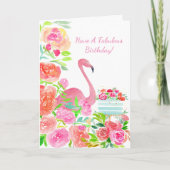 Blume, Flamingo und Kuchen zum Geburtstag Karte (Vorderseite)