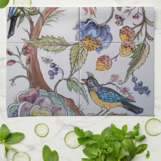 Blume Floral Chinoiserie Tile Oriental Geschirrtuch (Gefaltet)