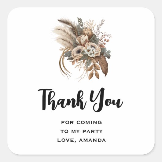 Blume Folien und Feathers Party Vielen Dank Quadratischer Aufkleber (Vorderseite)